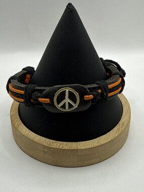 Vintage Boho Leather Peace Bracelet Orange Woven Cord Grunge Hippie Aesthetic